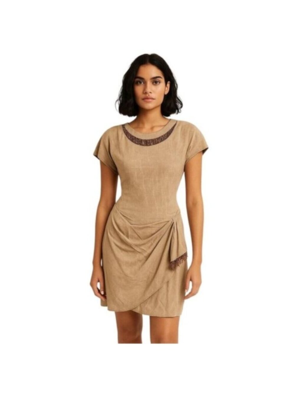 Scarlett Rare 70s Vintage Tigh Length Faux Wrap Beaded Ruching Dress